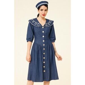 Vintage Navy Blue Midi Denim Sailor Dress with Button Detail